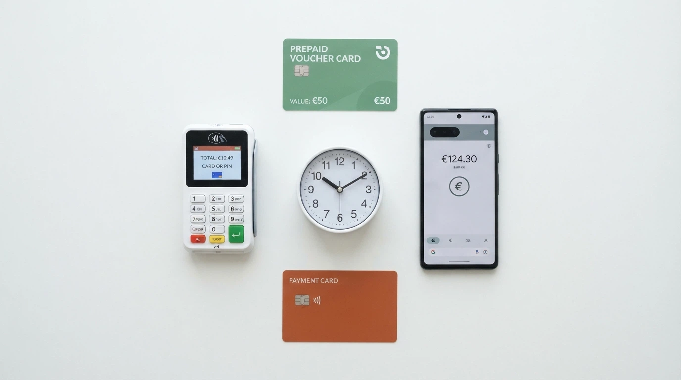 Mozaika platebních metod — terminál Paysafecard, mobil s bankovní aplikací, kreditní karta a logo Skrill — uspořádané kolem ciferníku hodin