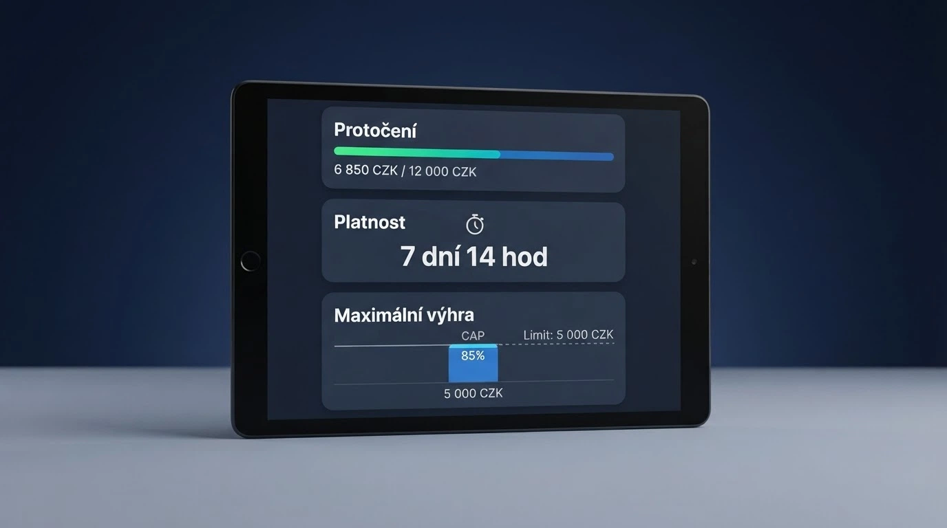 Detail podmínek bonusu na obrazovce — kolonky wagering, platnost, maximální výhra