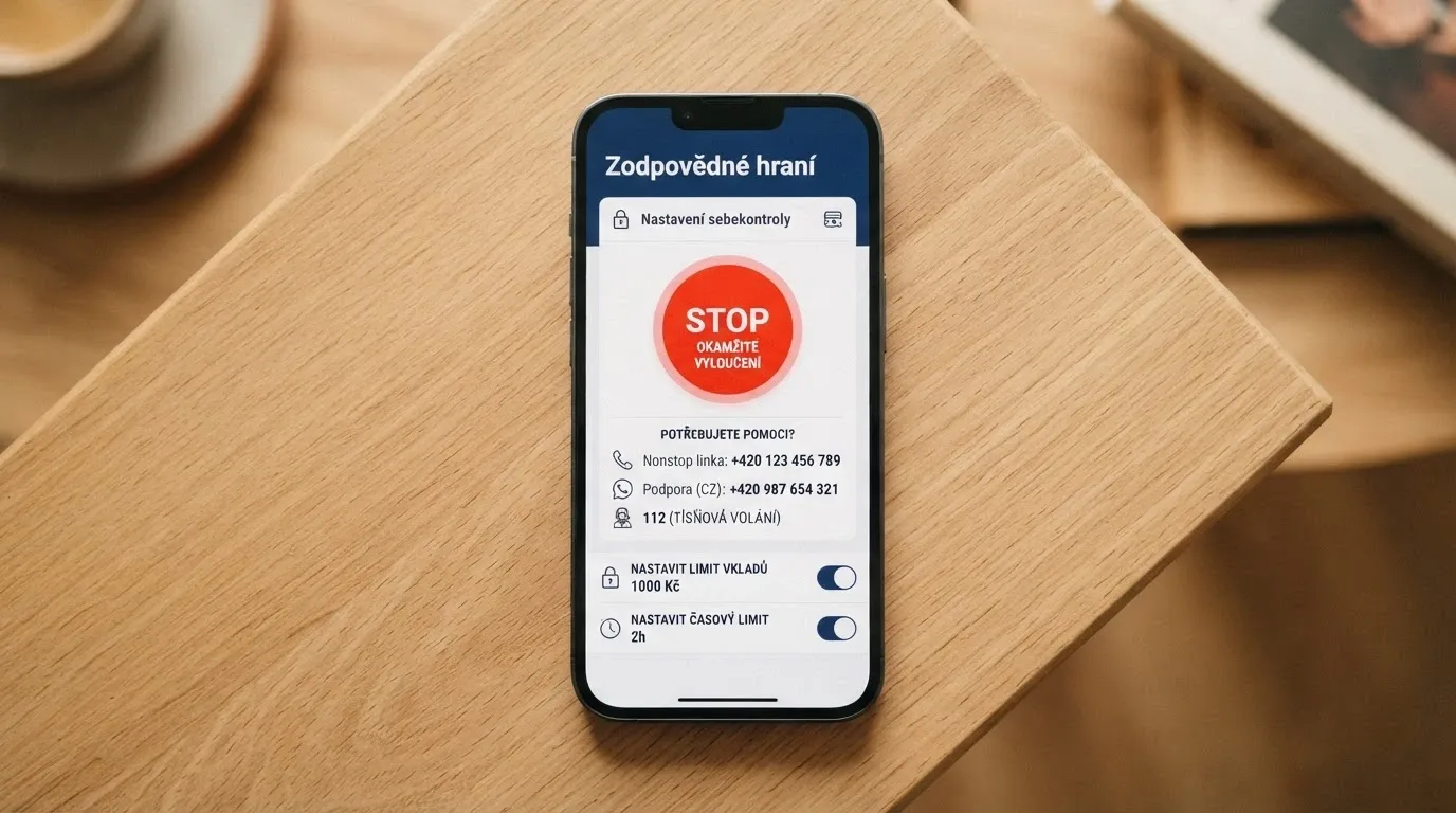 Informační panel s kontakty na linku pomoci a tlačítkem sebeomezení na webu kasina