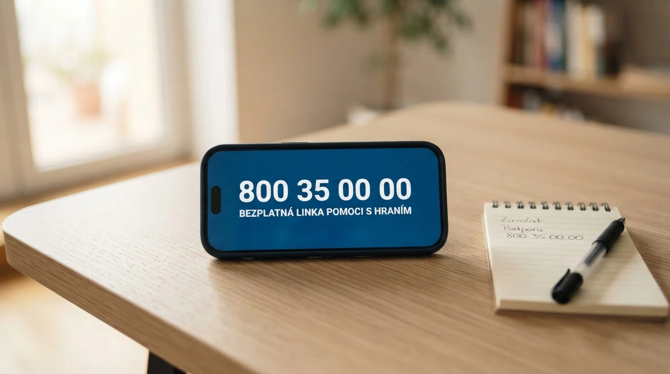 Telefon s vytočeným číslem linky pomoci 800 35 00 00 vedle loga Národní linky pro odvykání hraní