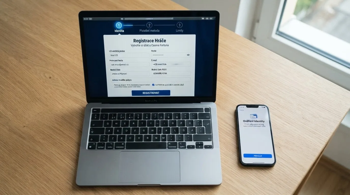Obrazovka s registračním formulářem českého online casina, zvýrazněné pole pro BankID a tlačítko pro nastavení limitů