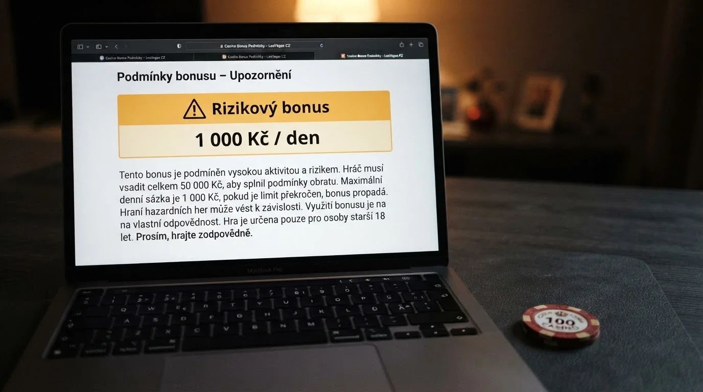 Varovný piktogram u podmínek bonusu — zvýrazněná částka denního limitu sázek 1 000 Kč a text zákona