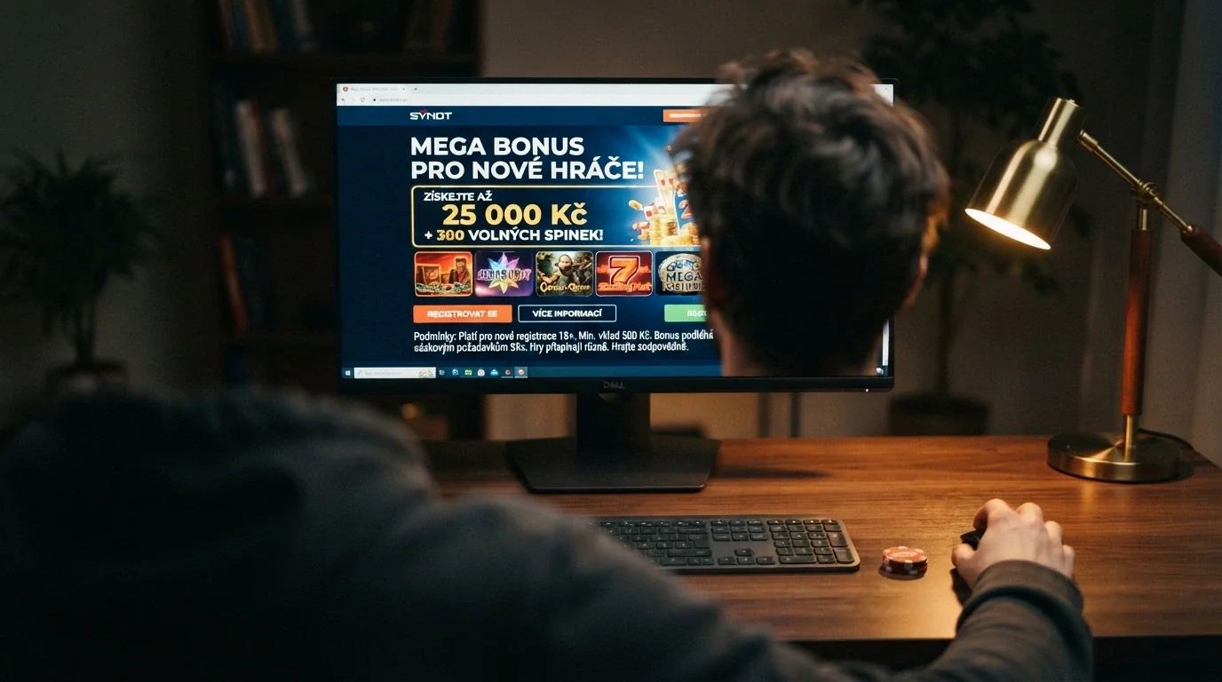 Hráč u počítače zvažující nabídku bonusu bez vkladu na obrazovce s podmínkami