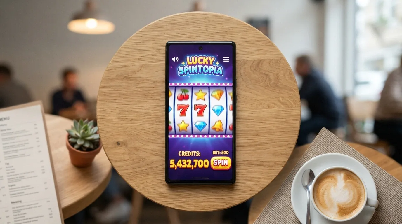 Displej mobilního telefonu se slotovou hrou v sociální casino aplikaci, zobrazující virtuální měnu místo korun