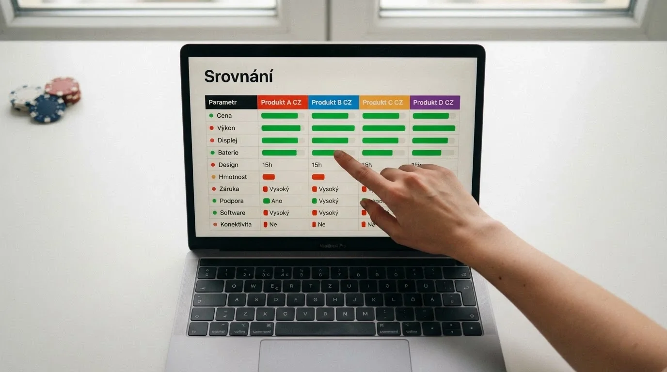 Srovnávací tabulka na monitoru s barevně odlišenými parametry — licence, bonus, wagering, čeština