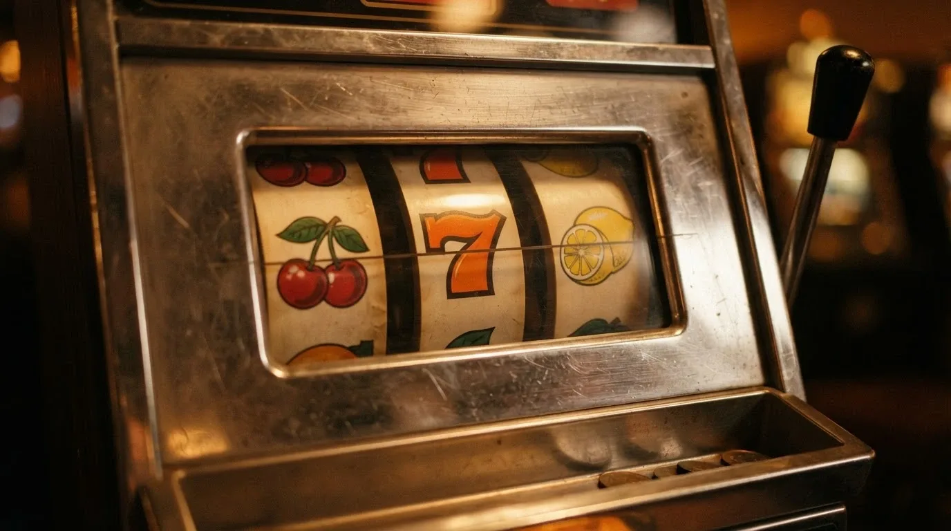 Detail tříválcového automatu s ovocnými symboly — třešně, citrony a sedmičky
