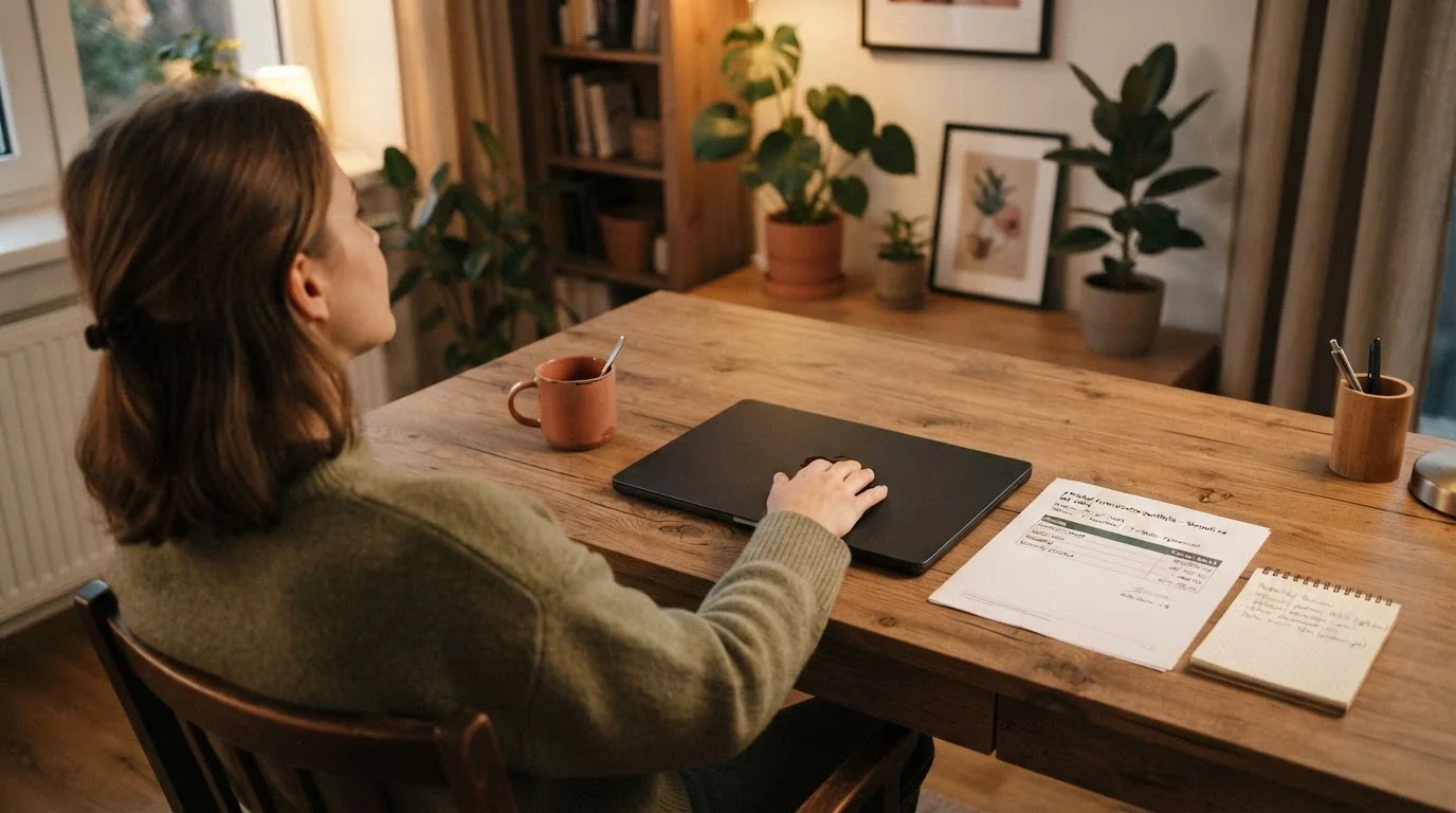 Spokojený hráč zavírá notebook — na stole leží výpis s kladným zůstatkem a poznámkami o bonusech