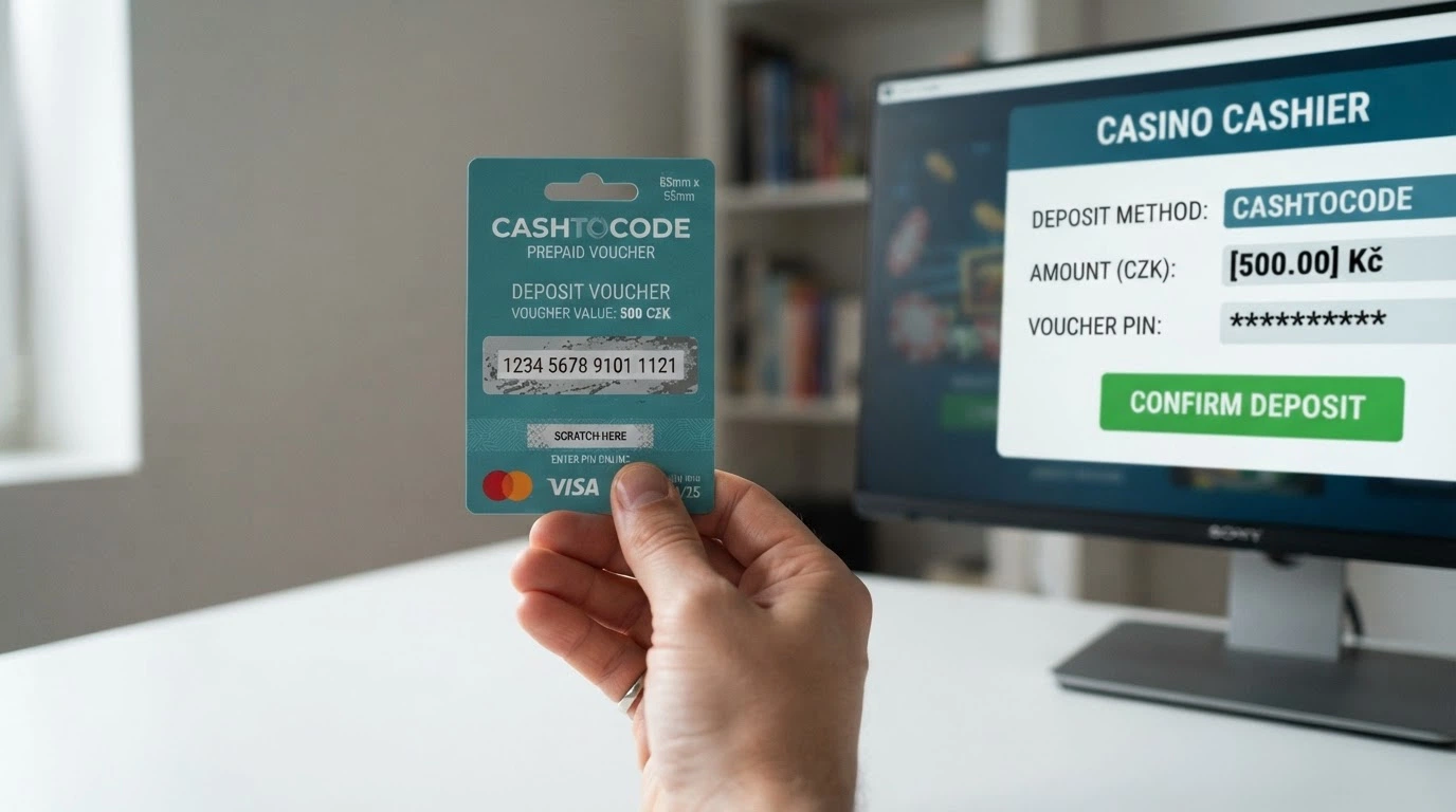 Paysafecard voucher s PIN kódem v ruce vedle otevřené pokladny online kasina na monitoru