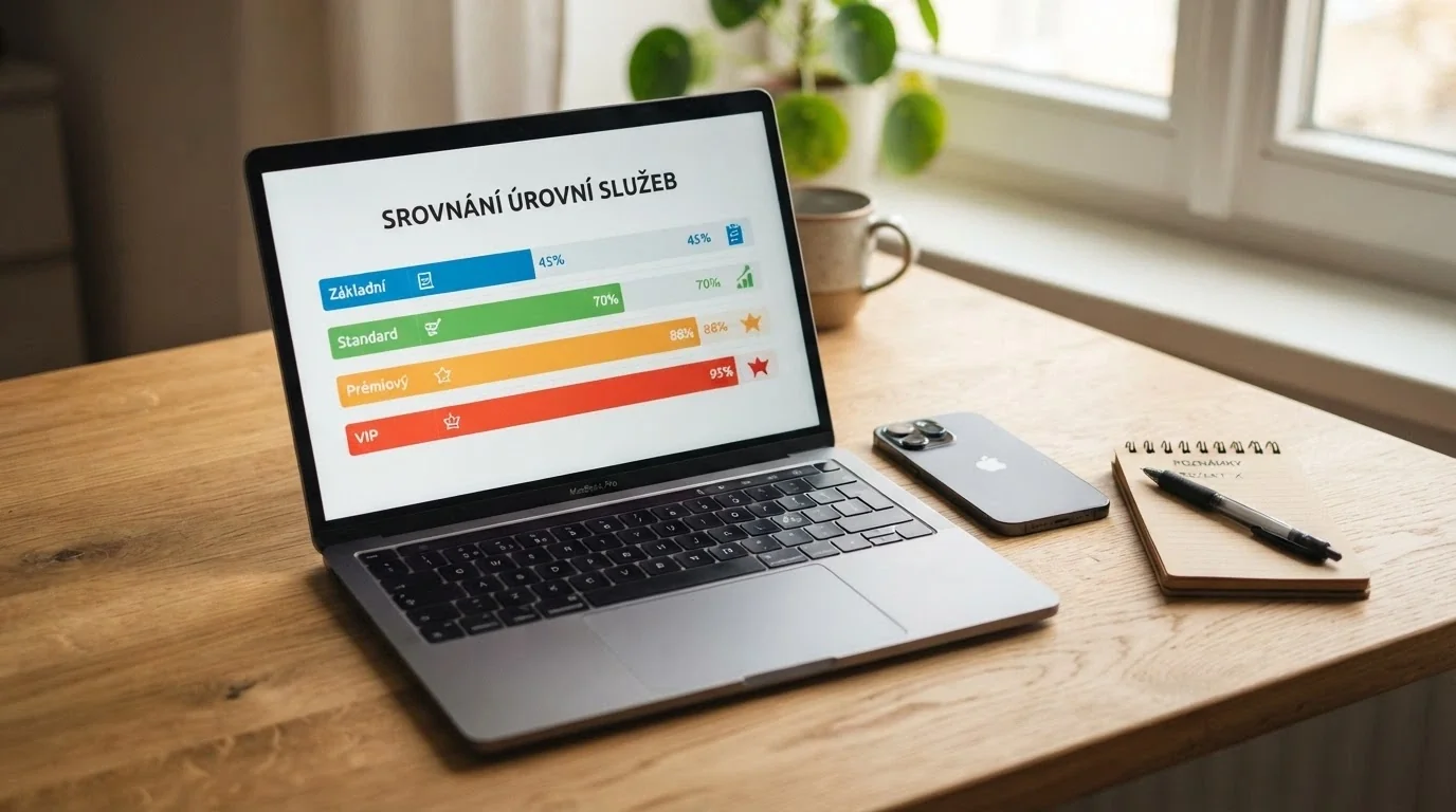 Tabulka srovnání nabídek na monitoru, vedle platební karta a mobil s přihlášeným kasinem