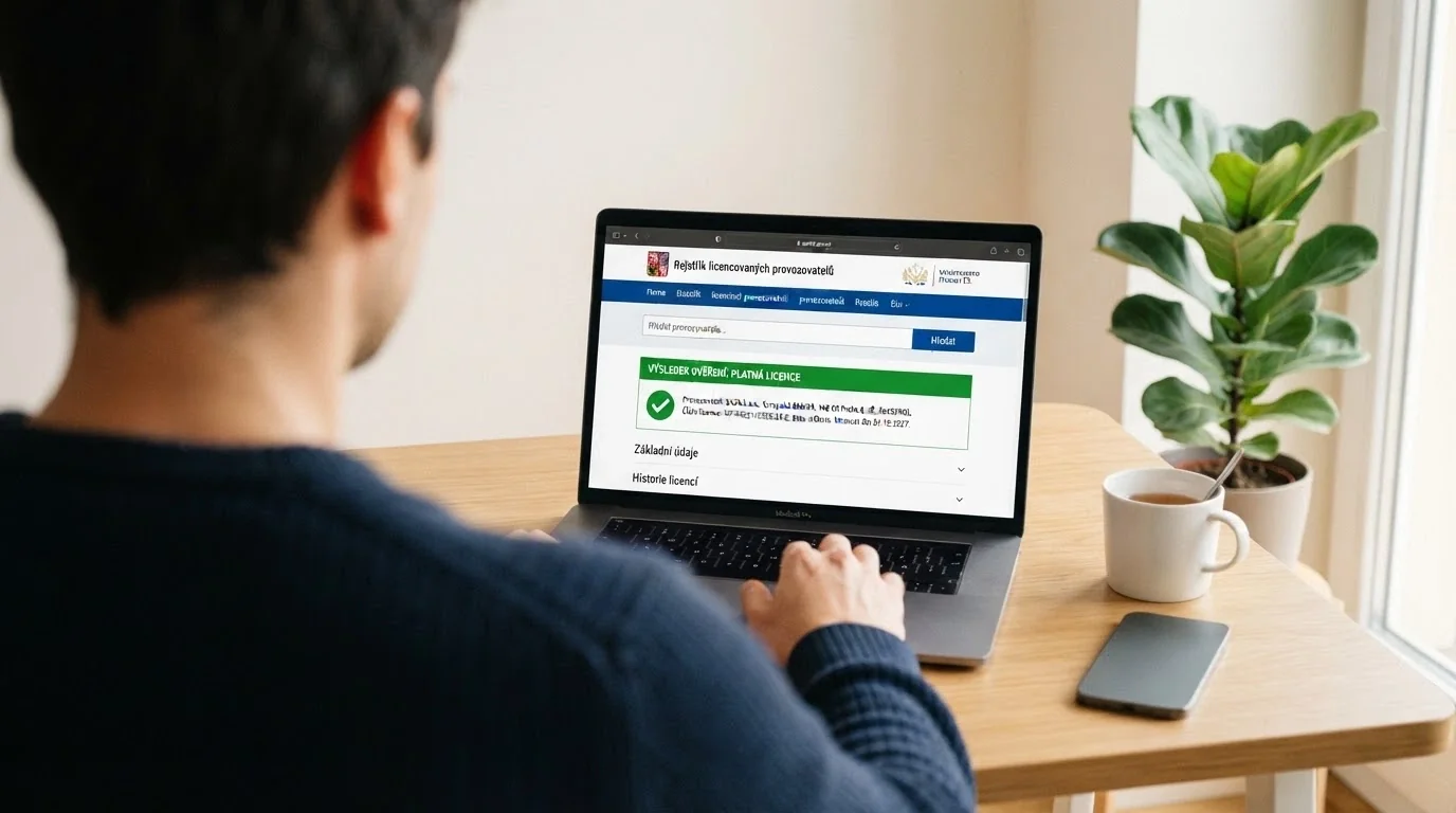 Hráč u počítače kontrolující licenční údaje casina na webu registru MF ČR