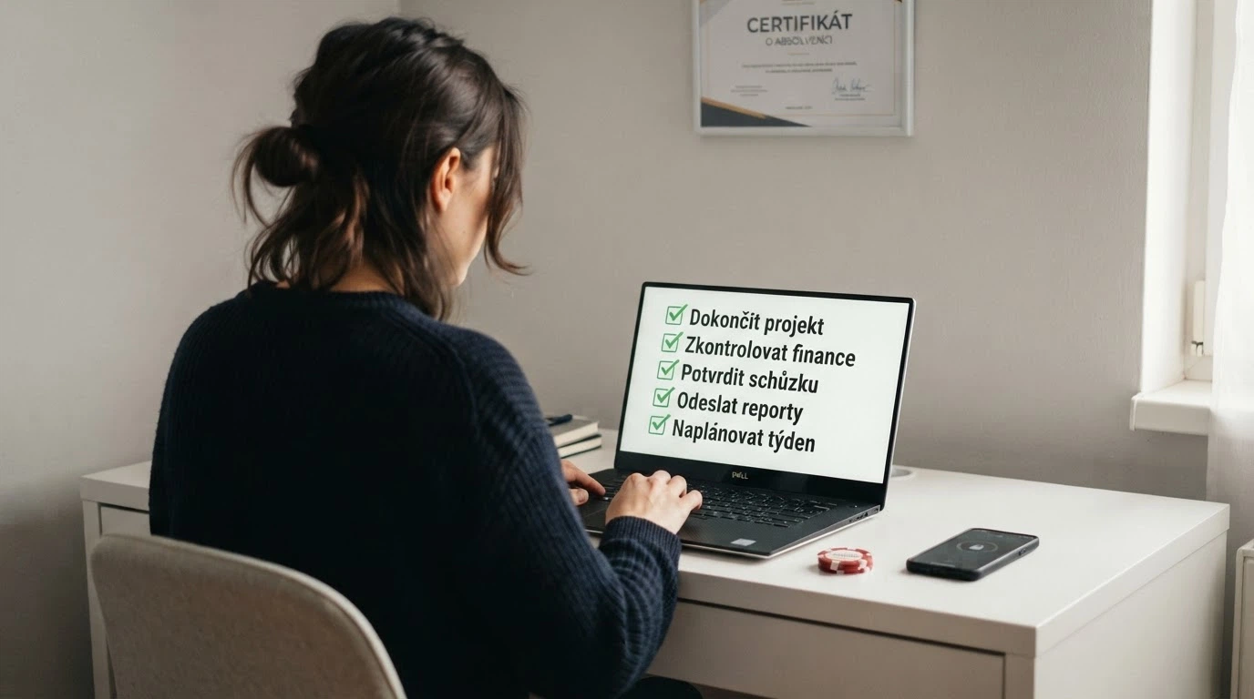 Checklist bezpečnostních kritérií s odškrtnutými položkami — licence, reputace, podmínky