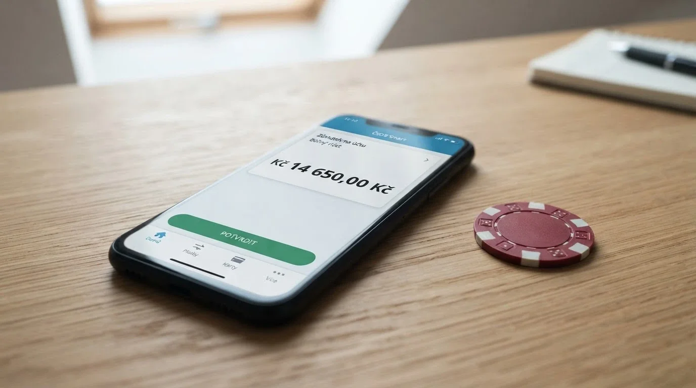 Bankovní aplikace na mobilu s částkou výběru a ikonou české koruny