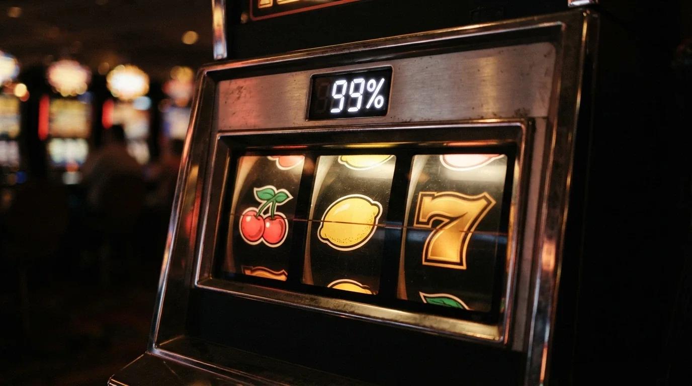 Hrací automat s barevnými válci a zvýrazněnou hodnotou RTP 99 %