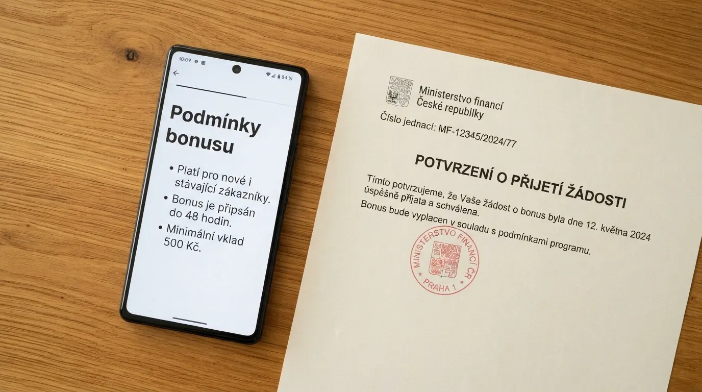 Úřední dokument s razítkem MF ČR vedle mobilního telefonu s otevřenou stránkou online casina