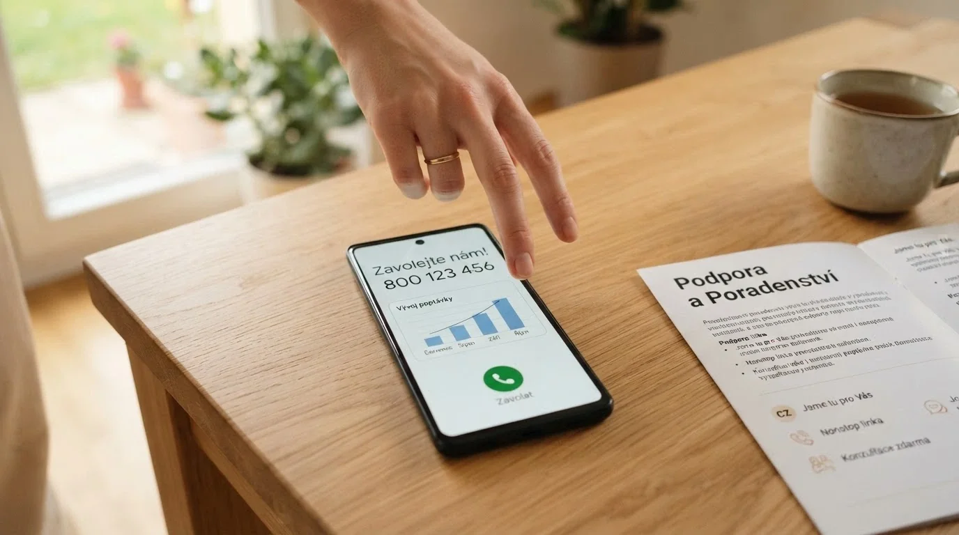 Telefon s vytočeným číslem 800 350 000 vedle infografiky s klíčovými statistikami RVO a panic buttonu
