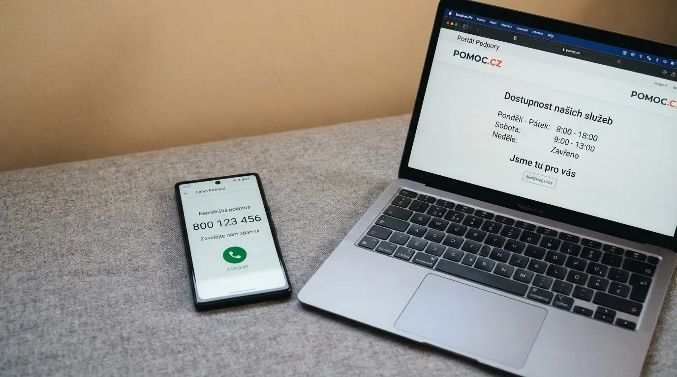 Telefon s vytočeným číslem linky pomoci 777 477 877, vedle otevřená webová stránka nabertekurz.cz s časy dostupnosti