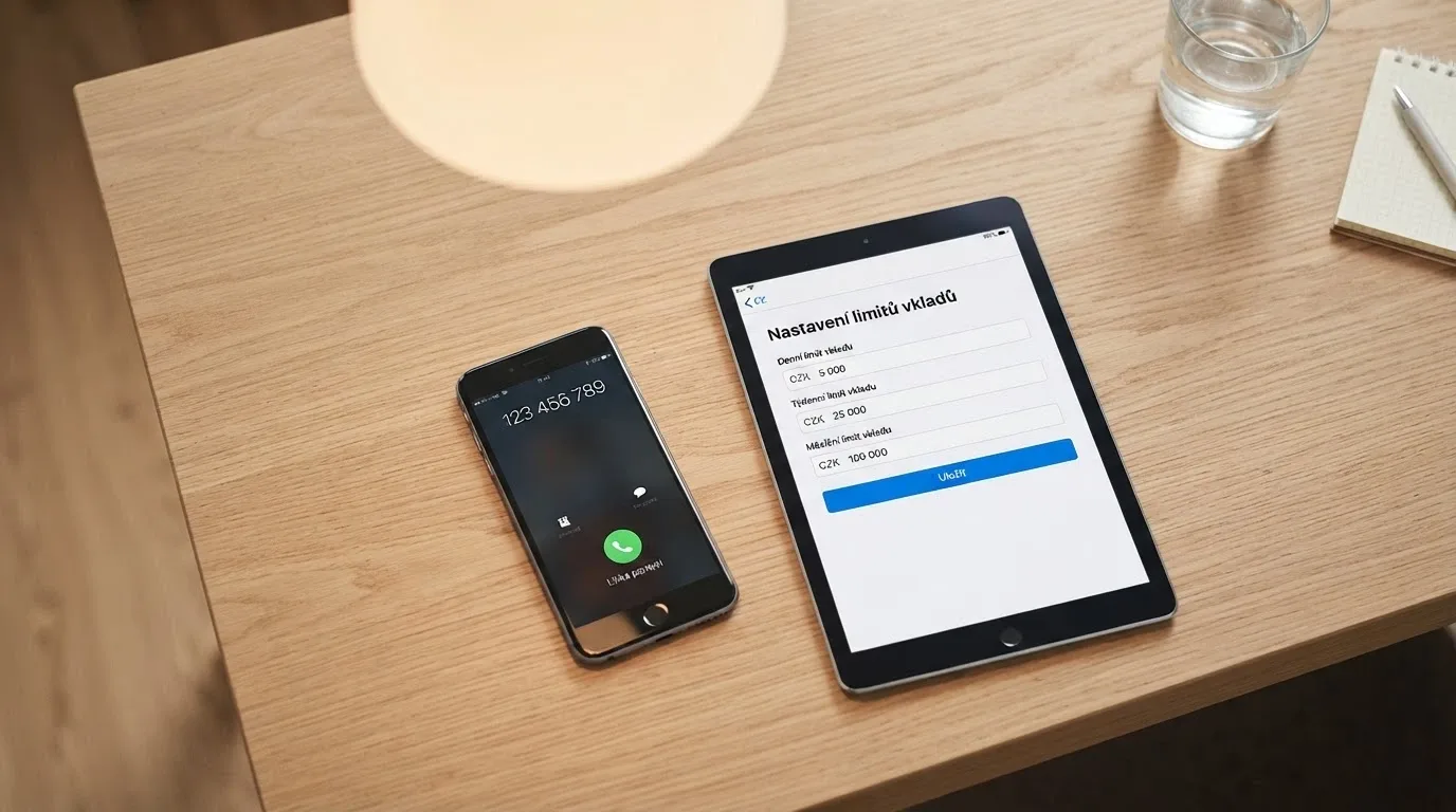 Telefon s vytočeným číslem linky pomoci, vedle otevřený formulář sebeomezujících limitů na webu casina