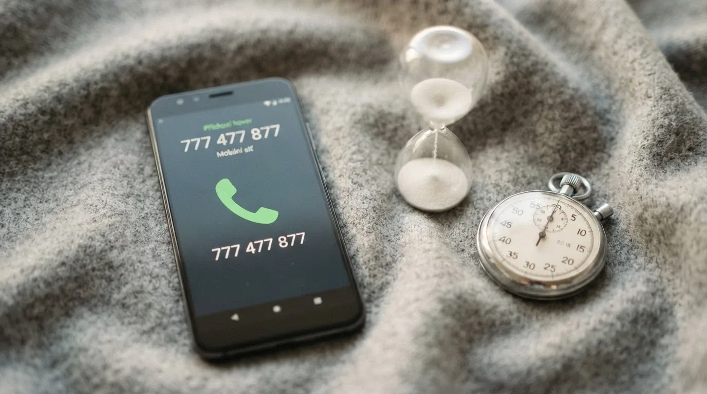 Telefon s vytočeným číslem linky pomoci, vedle ikony limitu, stopek a přesýpacích hodin — vizuální nástroje zodpovědného hraní