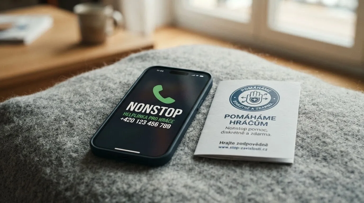 Telefon s vytočenou linkou pomoci na displeji, vedle logo Zodpovědné hraní a nápis NONSTOP
