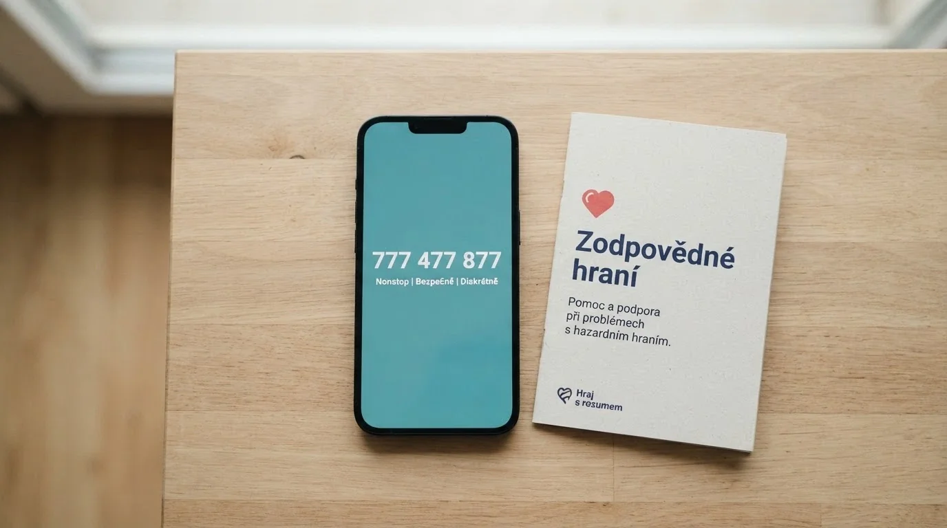 Telefon s vytočeným číslem linky pomoci na displeji, vedle něj informační leták Zodpovědné hraní