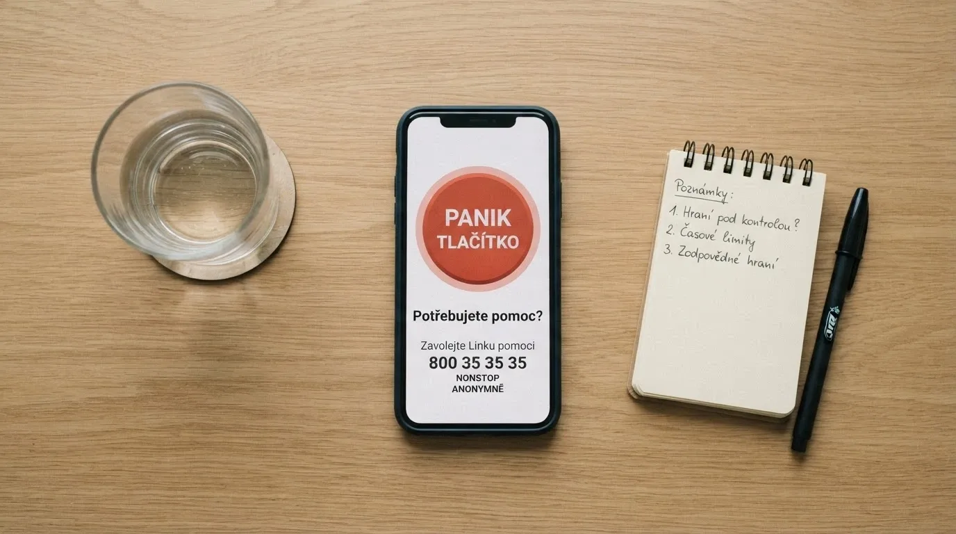 Mobilní telefon s displejem ukazujícím panické tlačítko a kontaktní linku pomoci